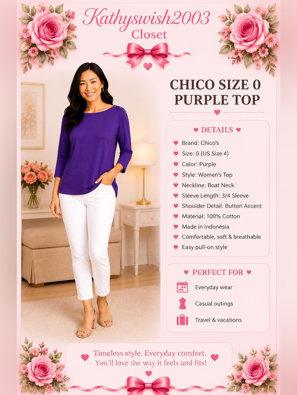 Chico Size 0 Purple Women’s Top